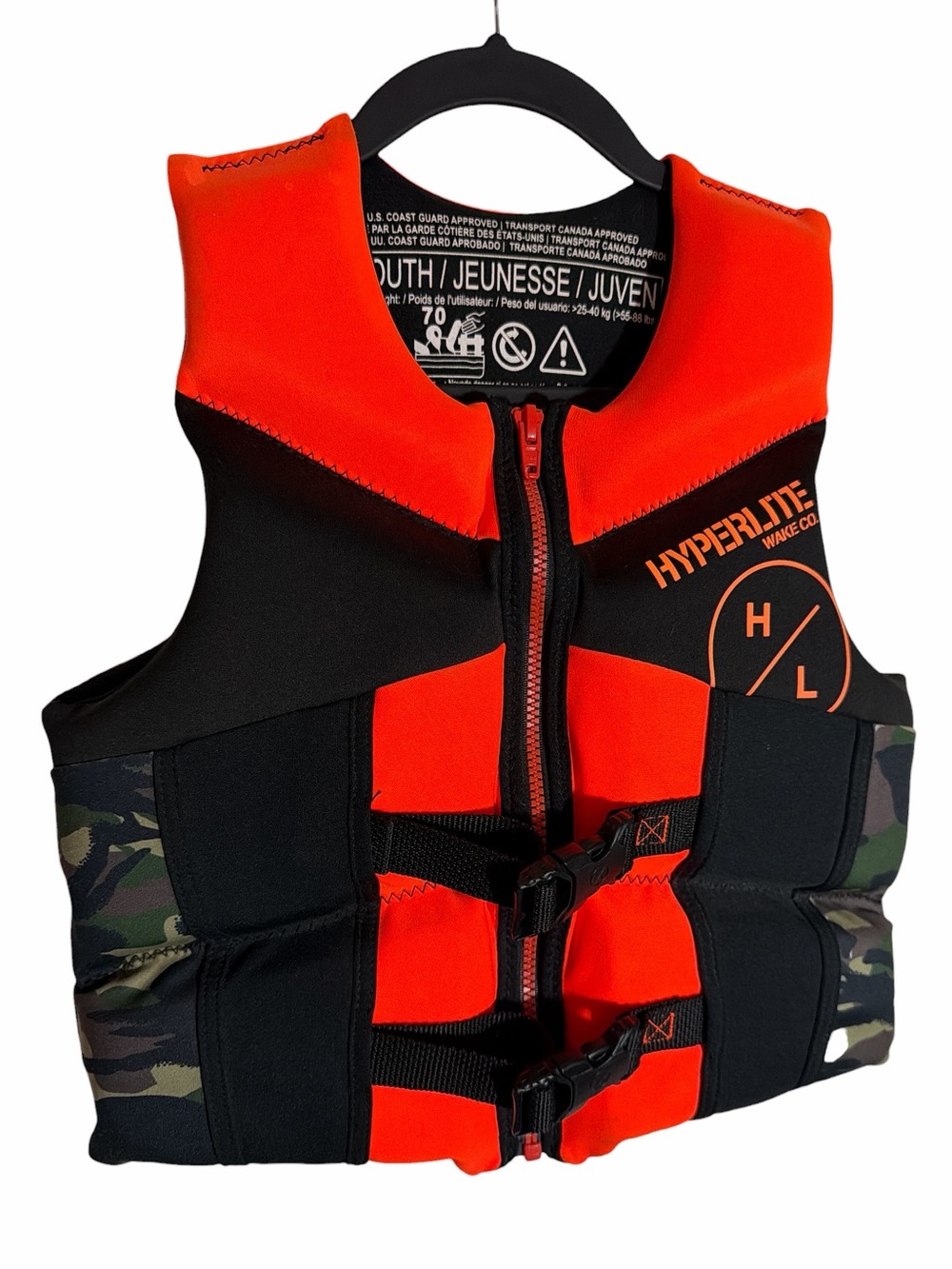 Hyperlite Orange and Black camo Life Vest 55-85 pounds